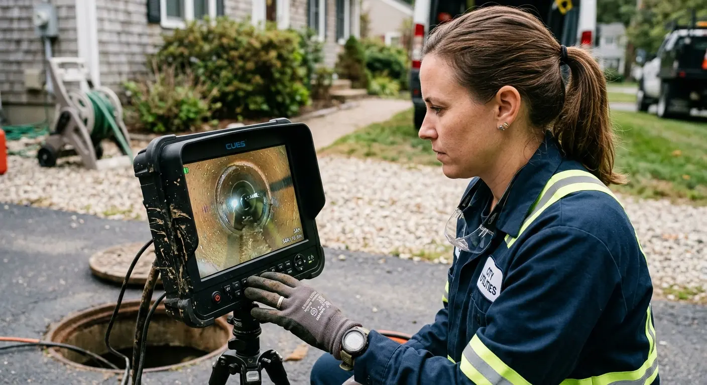 Technician reviewing sewer camera inspection footage in New Whiteland