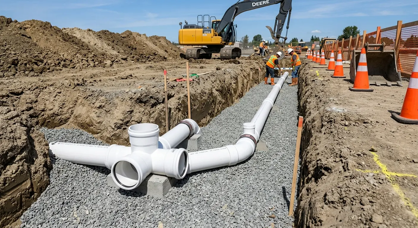 New PVC sewer pipe installation in open trench for Sewer Backup in New Whiteland