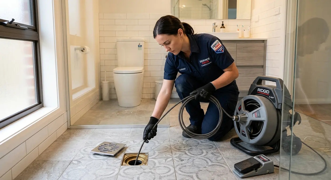 Technician clearing a bathroom floor drain for Sewer Line Installation in New Whiteland